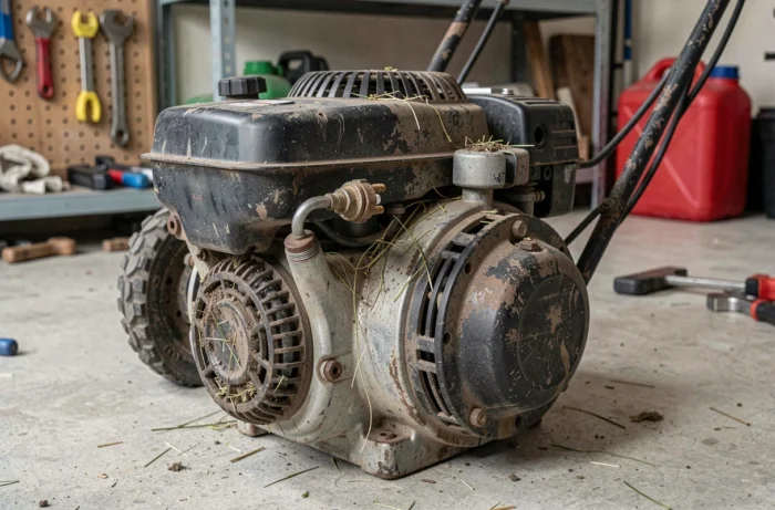 Gros plan sur le moteur encrassé d'une tondeuse à essence avec filtre à air bouché et bougie d'allumage oxydée, causes fréquentes de surconsommation