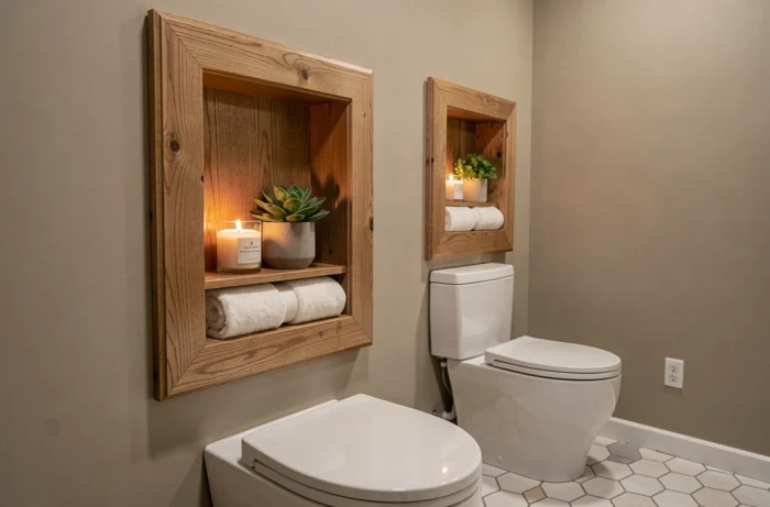 Niches encastrées dans le coffrage de toilettes suspendues pour ranger bougies, plante et serviettes