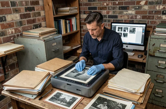 Technicien numérisant des photographies anciennes sur un scanner plat dans un atelier de conservation