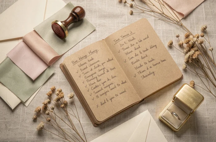 Flat lay d'organisation de mariage avec carnet de notes manuscrites, échantillons de tissu, enveloppes d'invitation et fleurs séchées