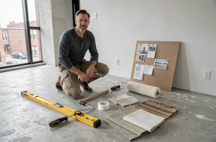 Homme agenouillé entouré d'outils et matériaux de décoration intérieure dans un appartement en rénovation