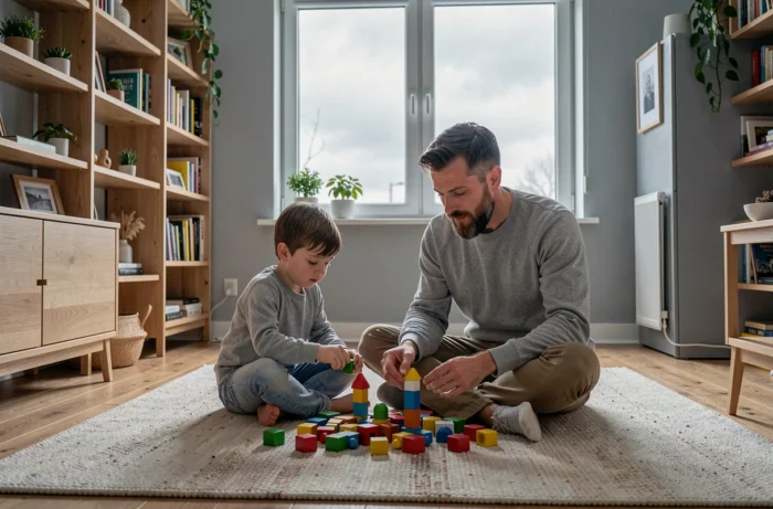 Père barbu jouant avec son fils sur le parquet d'un salon scandinave moderne, activité créative en famille à la maison
