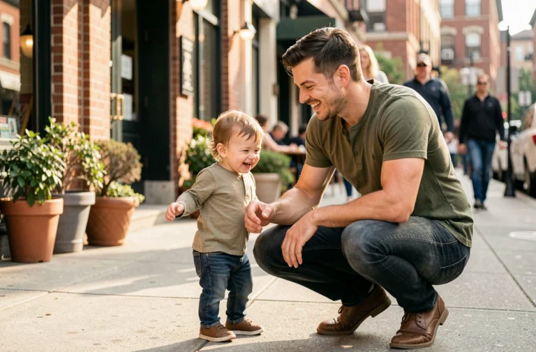 Papa trendy dans la trentaine aidant son tout-petit à marcher sur un trottoir urbain ensoleillé, moment complice et authentique