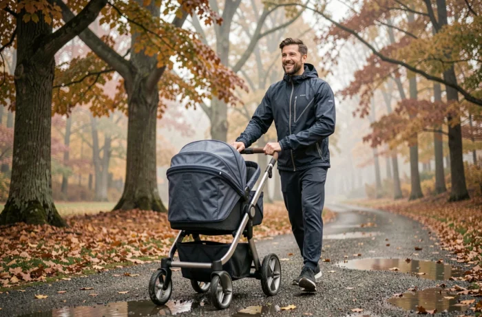 Papa sportif en veste technique poussant une poussette de jogging sur un sentier de parc automnal, style de vie actif et paternité moderne