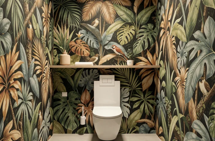 Papier peint panoramique à motifs botaniques couvrant le mur du fond des toilettes