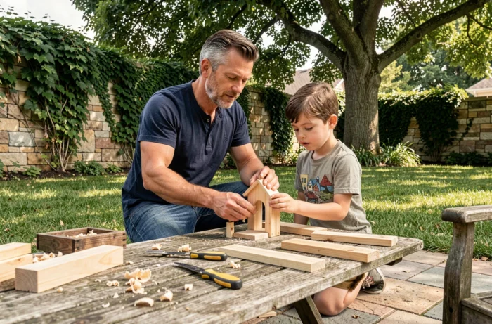Père et fils construisant ensemble un nichoir en bois dans un jardin verdoyant le week-end