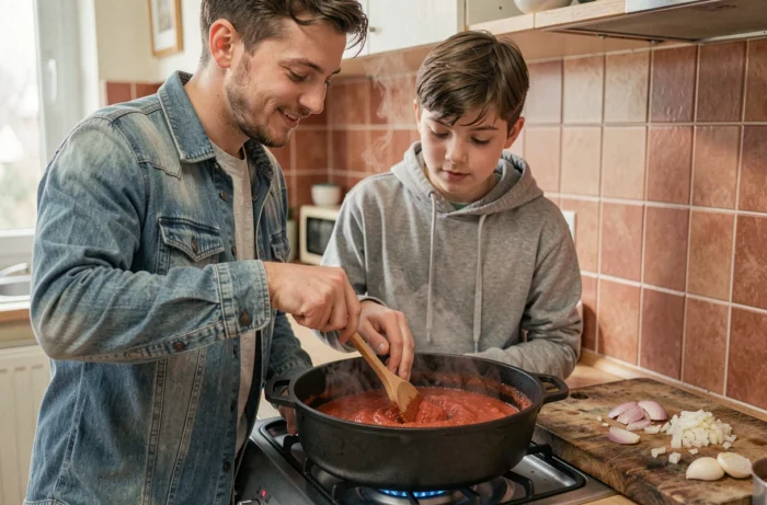Père et fils cuisinant ensemble une sauce tomate maison sur une gazinière dans une cuisine familiale