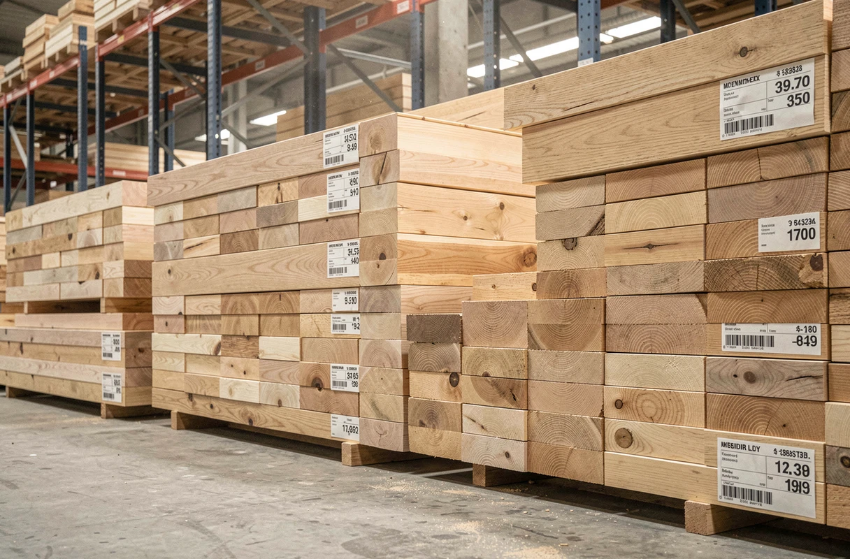 Planches de chêne empilées avec étiquettes de prix dans un entrepôt de négoce de bois