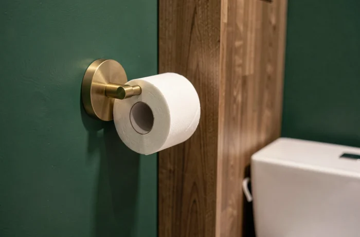 Porte-rouleau design en laiton brossé fixé au mur à côté de toilettes suspendues vertes