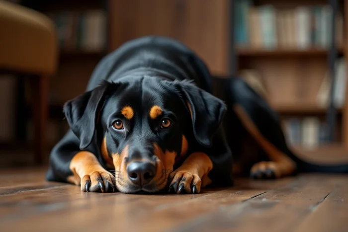 Portrait rapproché d'un labrador croisé beauceron allongé sur un plancher en bois dans un intérieur chaleureux, regard expressif et robe noire et feu bien visible