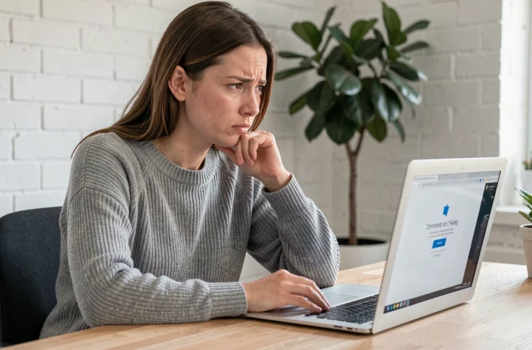 Jeune femme frustrée face à un problème de connexion sur son ordinateur portable à domicile