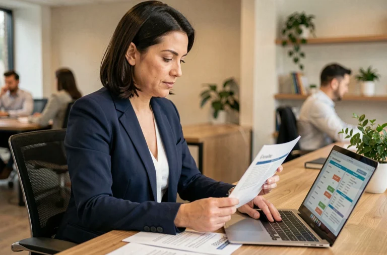 Professionnelle en blazer marine comparant des offres de mutuelle santé sur des documents imprimés dans un bureau moderne