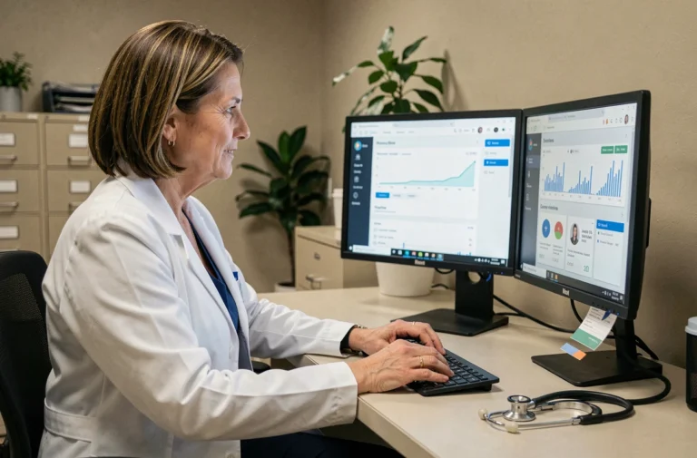 Professionnelle de santé utilisant un portail médical sécurisé sur ordinateur de bureau dans un bureau administratif d'établissement médical