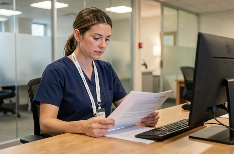 Professionnelle de santé en tenue médicale consultant un document sur la prime technicité convention Fehap dans un bureau hospitalier