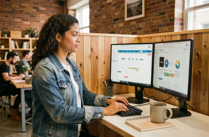 Professionnelle indépendante travaillant sur une stratégie de contenu digital pour améliorer la visibilité en ligne