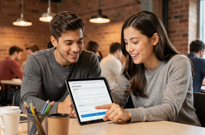 Deux jeunes professionnels s'inscrivant ensemble à des alertes d'offres d'emploi sur une tablette dans un espace de coworking