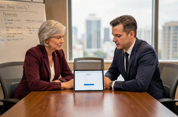 Deux professionnels de santé consultant ensemble un portail médical numérique sur tablette lors d'une réunion en salle de conférence hospitalière