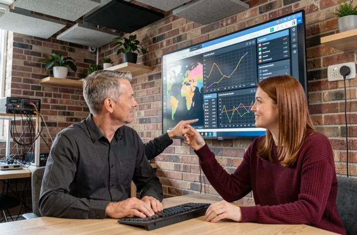 Deux professionnels de la technologie collaborant devant un tableau de bord de géolocalisation précise en espace de travail moderne