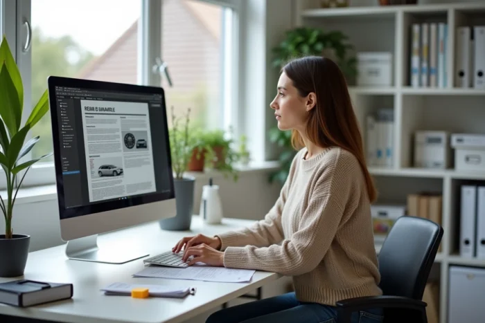 Femme recherchant une documentation technique automobile gratuite en PDF depuis son bureau à domicile