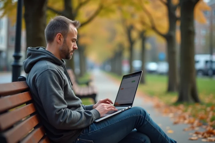 Homme recherchant un emploi local sur son ordinateur portable dans un parc urbain en automne