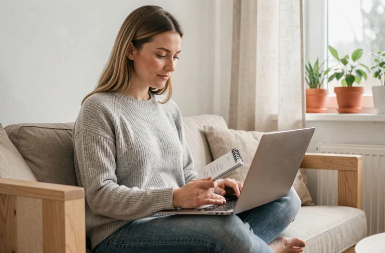 Femme consultant des annonces immobilières en ligne sur un ordinateur portable dans un salon moderne et lumineux