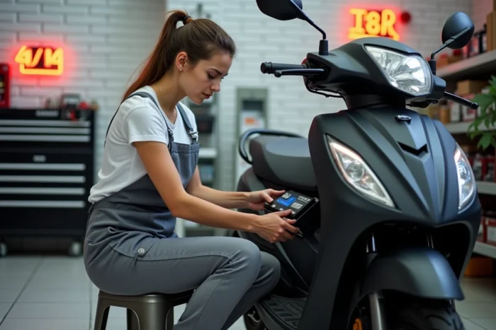 Technicienne remplaçant la batterie d'un scooter 125cc dans un atelier moto urbain
