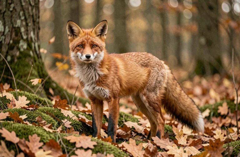 Un renard roux alerte au bord d'une forêt automnale, entouré de feuilles mortes dorées, photographié en plan large au niveau du sol