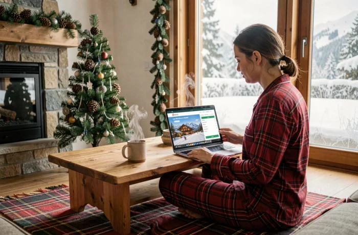 Femme réservant en ligne un séjour du Nouvel An dans un appartement de montagne cosy décoré pour Noël