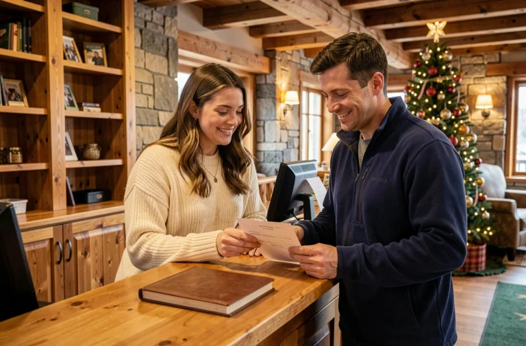 Couple souriant en train de réserver un séjour de Noël à la réception d'un chalet hôtel aux Menuires Croisette