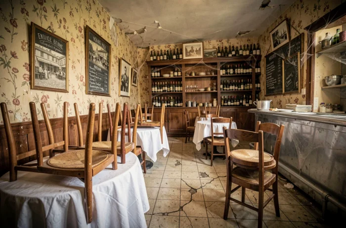 Intérieur abandonné d'un restaurant français avec chaises empilées sur des tables recouvertes de nappes blanches et tableau noir aux menus effacés, évoquant la fermeture d'une chaîne de restauration française emblématique