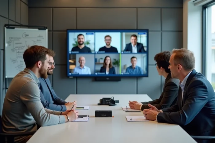 Groupe de collègues en salle de réunion identifiant les participants d'un appel Microsoft Teams sur écran mural