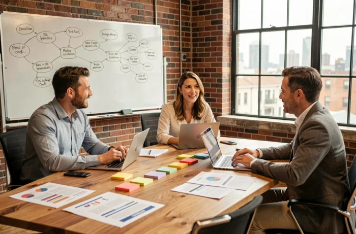 Équipe de professionnels en réunion stratégique autour d'une table moderne dans un espace de co-working