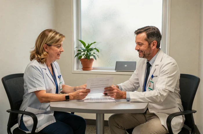 Deux professionnels de santé discutant de leurs droits à la prime technicité Fehap autour d'un contrat lors d'une réunion