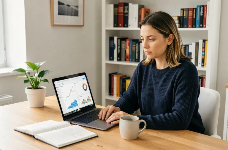 Femme travaillant sur un ordinateur portable avec des graphiques financiers dans un bureau à domicile moderne pour générer des revenus complémentaires