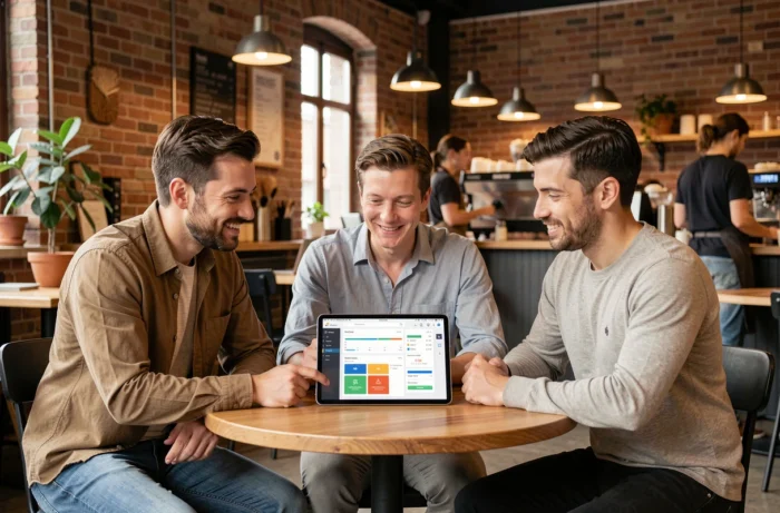 Groupe de personnes discutant de stratégies de revenus complémentaires autour d'une tablette dans un café coworking