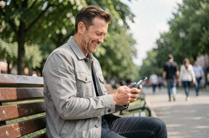 Homme consultant une application de revenus complémentaires sur smartphone dans un parc urbain en 2026