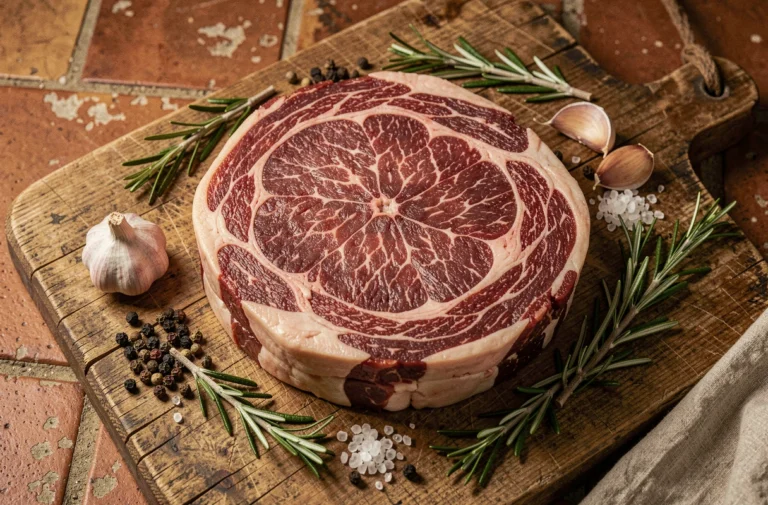 Rond de veine cru sur billot en bois avec herbes aromatiques, sel et poivre pour une préparation maison