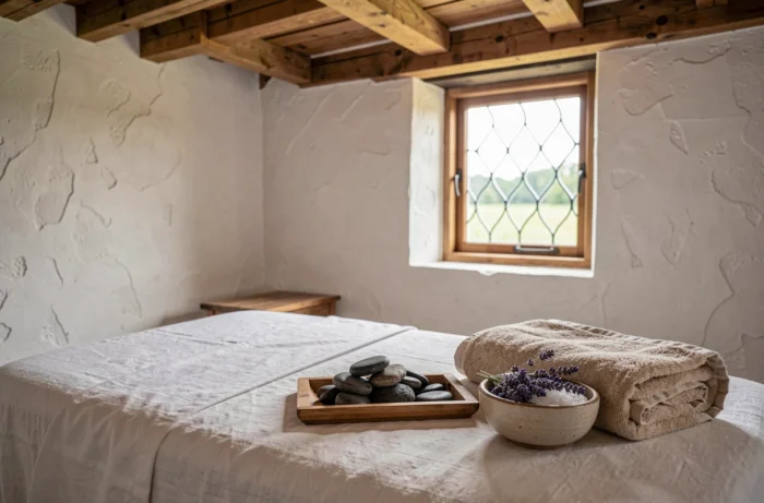 Salle de soin spa rustique avec table de massage en lin blanc et pierres volcaniques dans une ferme normande rénovée