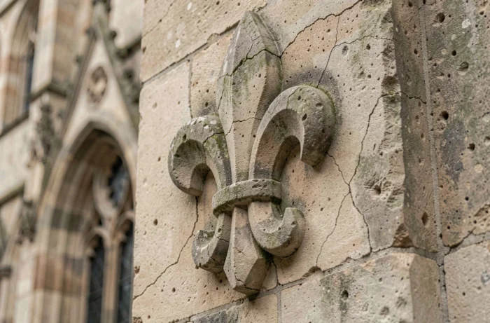 Détail sculpté d'une fleur de lys en pierre sur la façade d'une cathédrale gothique française patinée par le temps