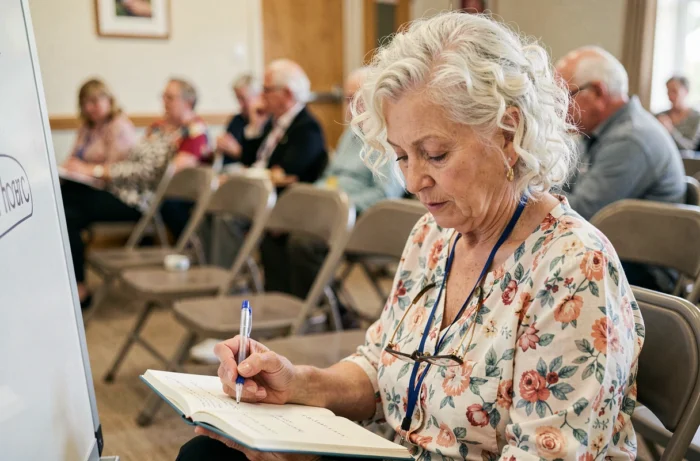 Une femme senior prend des notes lors d'un atelier pratique dans un centre communautaire en France