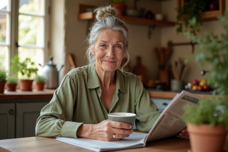 Femme senior lisant un magazine de santé autour d'une tasse de tisane dans une cuisine chaleureuse