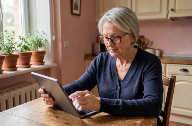 Une femme senior aux cheveux argentés consulte des actualités sur une tablette dans sa cuisine française