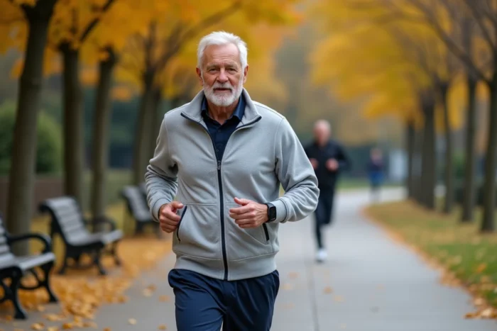Senior homme marchant dans un parc en automne pour rester en forme et prendre soin de sa santé