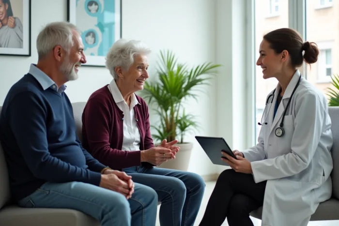 Couple de seniors en consultation médicale avec leur médecin dans une clinique moderne