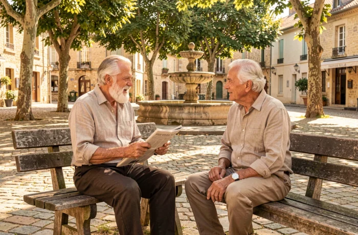 Deux hommes seniors discutent sur un banc dans une place de village français avec une fontaine en pierre