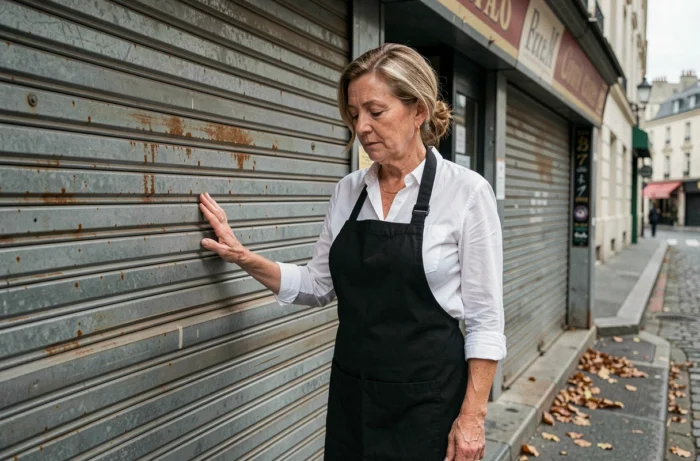 Serveuse d'âge mûr devant le rideau métallique baissé d'un restaurant français fermé dans une rue pavée parisienne, illustrant la disparition des chaînes de restauration françaises