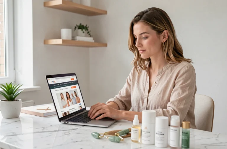 Femme parcourant un site de shopping beauté et bien-être sur un laptop depuis un bureau en marbre avec des produits de soin soigneusement disposés
