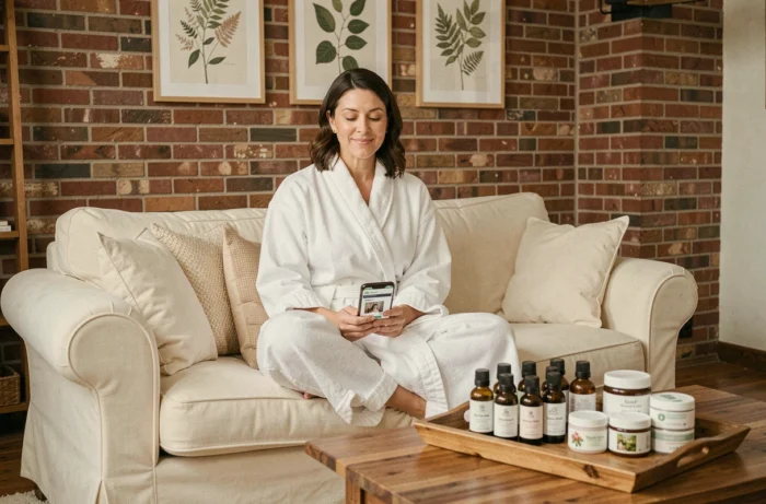 Femme en peignoir sur un canapé consultant un site de bien-être sur smartphone avec des produits naturels disposés sur une table basse