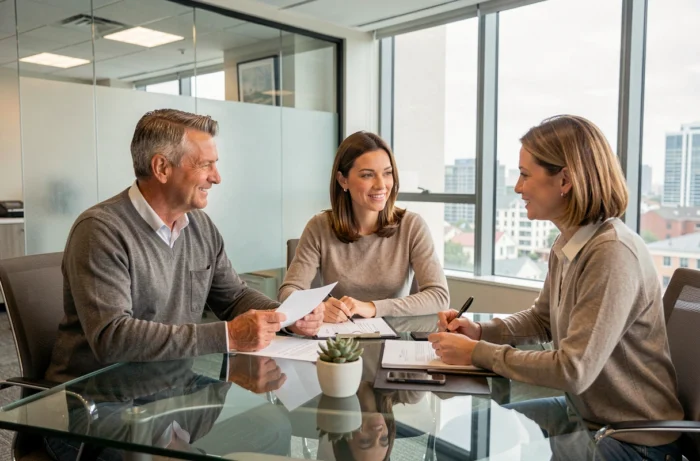 Couple de propriétaires signant un contrat de gestion locative LMNP avec un agent immobilier en agence