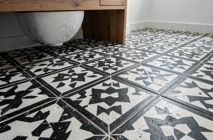 Sol en carreaux de ciment à motifs géométriques noir et blanc dans des toilettes design